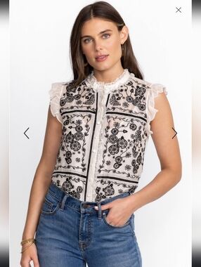 Johnny Was Mel Embroidered Blouse White/Black $295 Sz Medium